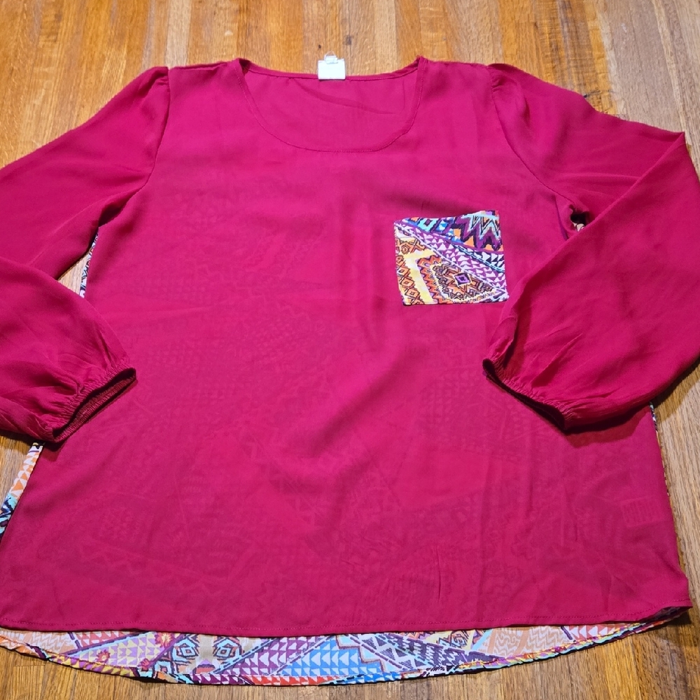 Pink Owl Women Large Fuchsia Colorful Geometric Hi-Lo 3/4 Sleeve Sheer Blouse